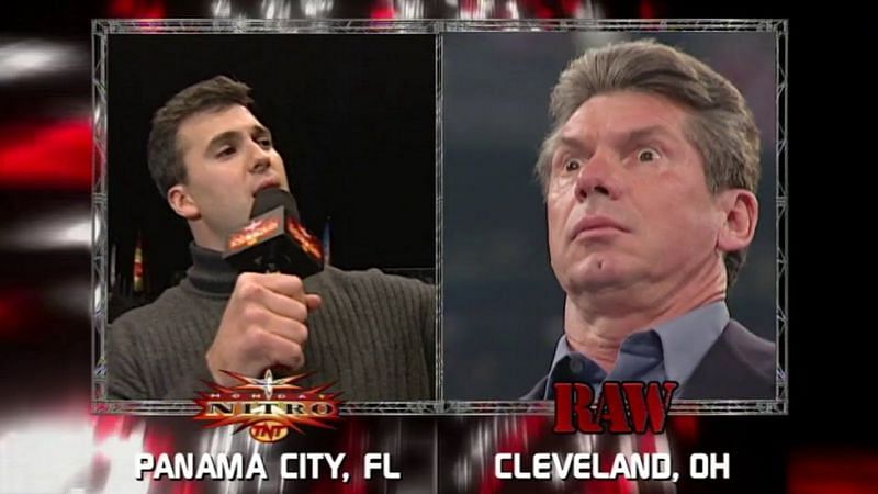 Shane McMahon on WCW Nitro (left); Vince McMahon on WWE RAW (right)