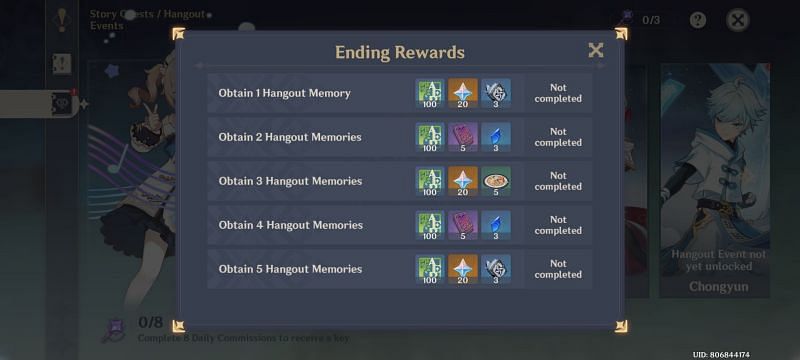 Rewards for unlocking different Hangout Memories of Barbara (Image via Genshin Impact)