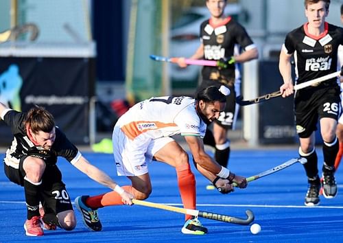 Akashdeep Singh in action against Belgium. (Source: Hockey India)