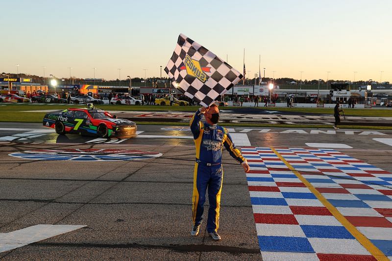 Justin Allgaier celebrates his win in the NASCAR Xfinity Series EchoPark 250 at Atlanta. Photo/Getty Images