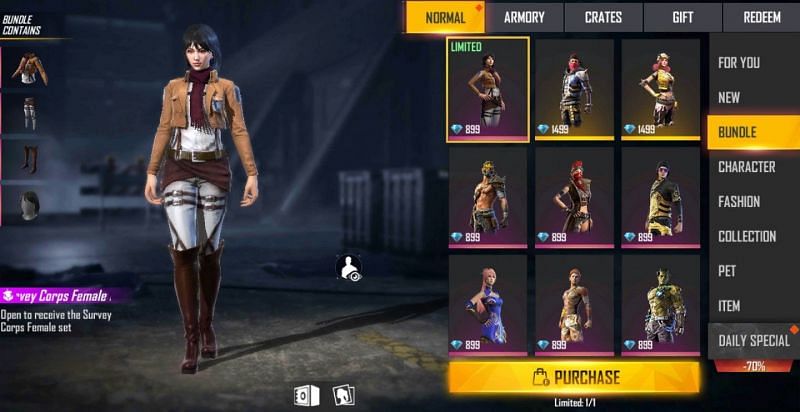 Female Survey Corps bundle in Garena Free Fire