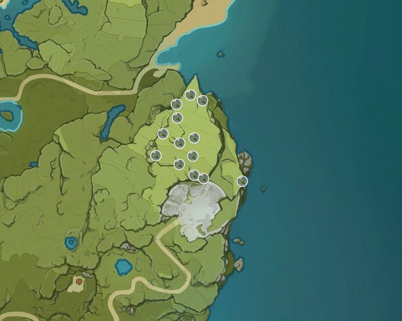 Exact location of Cecilia flowers at Starsnatch Cliff (Image via Genshin Impact interactive map)