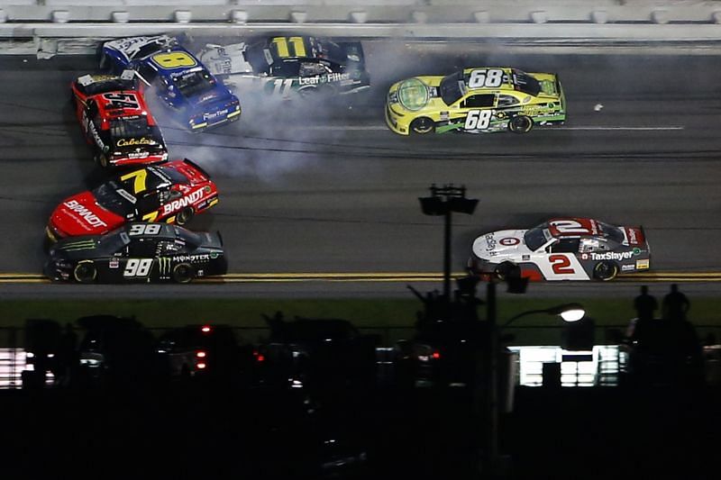Justin Allgaier (7) has been in two wrecks this year, this one in the season opener at Daytona. Josh Berry (8) was also involved.  (Photo by Brian Lawdermilk/Getty Images)