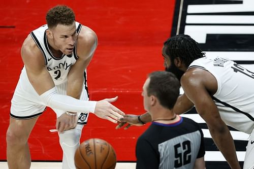 Blake Griffin #2 and James Harden #13 of the Brooklyn Nets