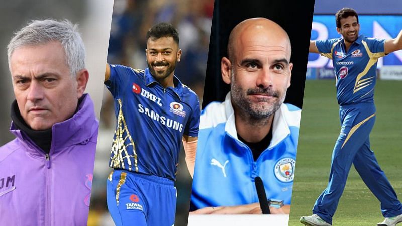 (From left): Jose Mourinho, Hardik Pandya, Pep Guardiola and Zaheer Khan show support for their favorite teams in the ISL final.
