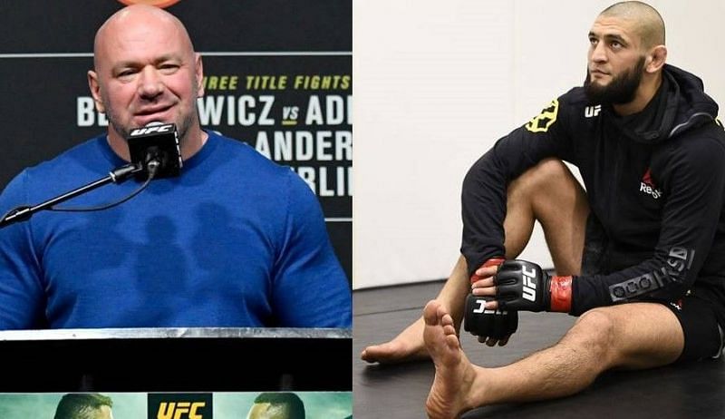 Dana White (left); Khamzat Chimaev (right)