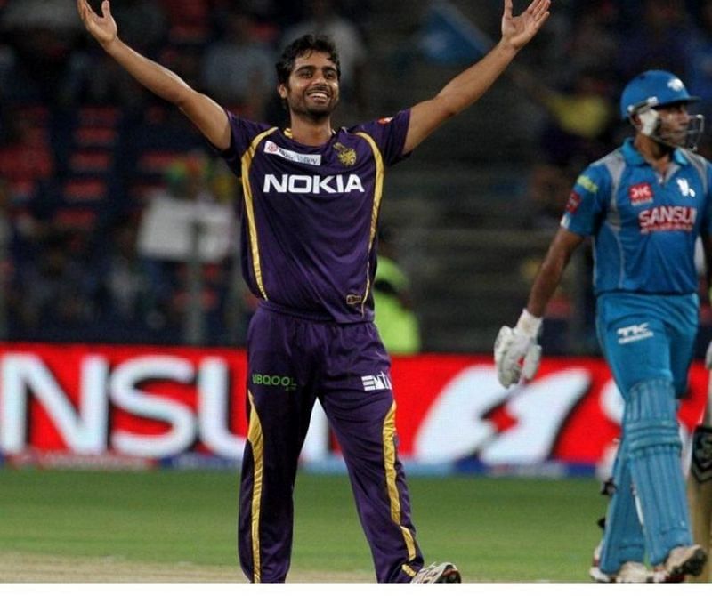 Iqbal Abdulla celebrates after picking up a wicket for KKR