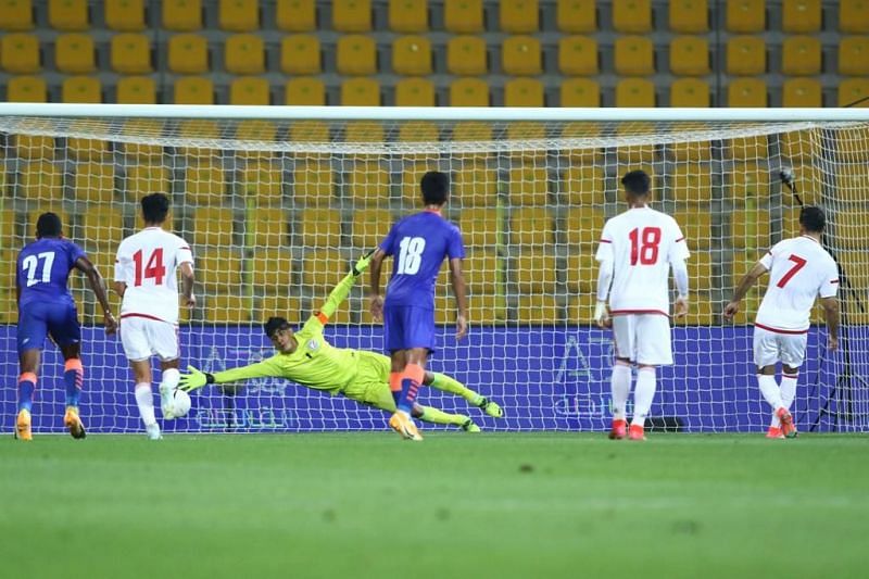 India&#039;s goalkeeper Gurpreet Singh Sandhu guessed it right but couldn&#039;t save Ali Mabkhout&#039;s penalty from sneaking in (Image Credits: AIFF Media)