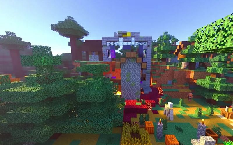 A massive Ruined Portal wreaked complete havoc on this Minecraft village (Image via Minecraft &amp; Chill/YouTube)