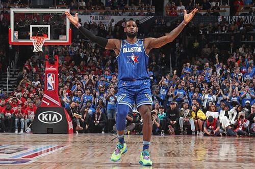 LeBron James hyping up the crowd at the All-Star weekend