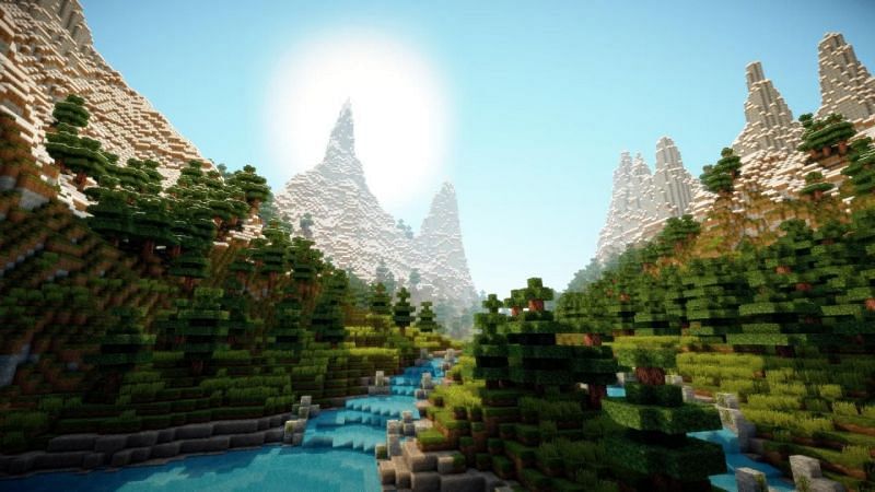 A stunning view of mountains and nature in Minecraft. (Image via cdn.wallpapersafari.com)