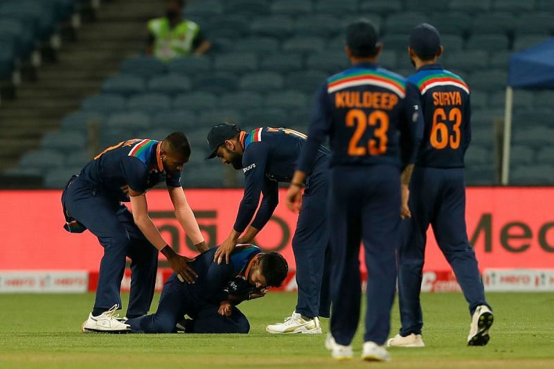 Shreyas Iyer in pain after injuring his shoulder during the first ODI in Pune.