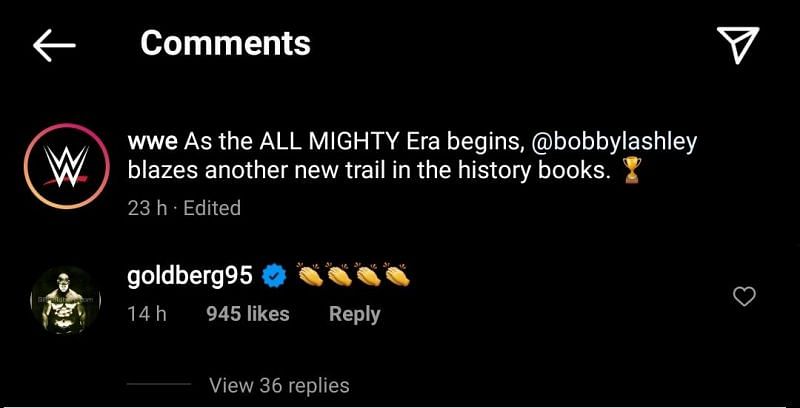 Goldberg&#039;s comment on WWE&#039;s Instagram post following Bobby Lashley&#039;s WWE title win