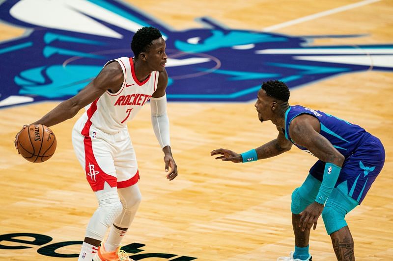 Victor Oladipo #7 of the Houston Rockets and Terry Rozier #3 of the Charlotte Hornets. (Photo by Jacob Kupferman/Getty Images)