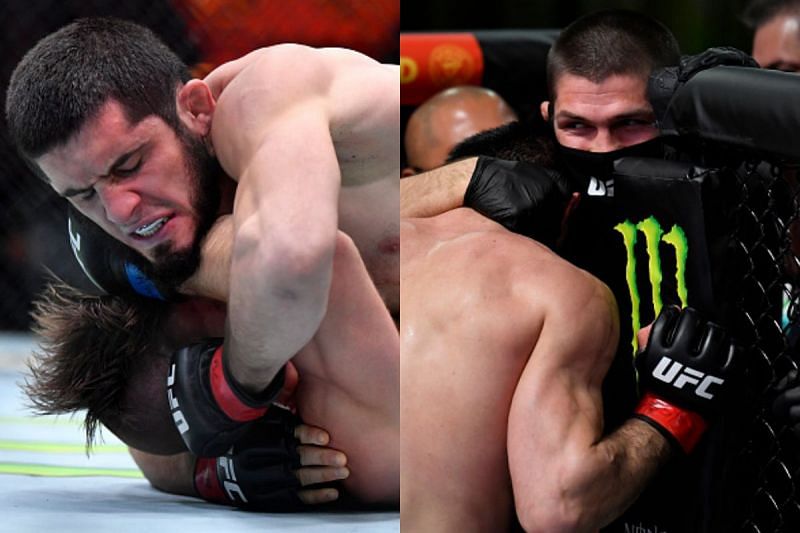 Islam Makhachev embraces Khabib Nurmagomedov at UFC 259
