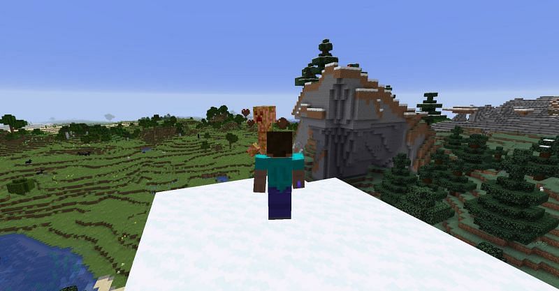 Steve knocking a creeper off a cliff with a Knockback enchanted sword. (Image via Minecraft)