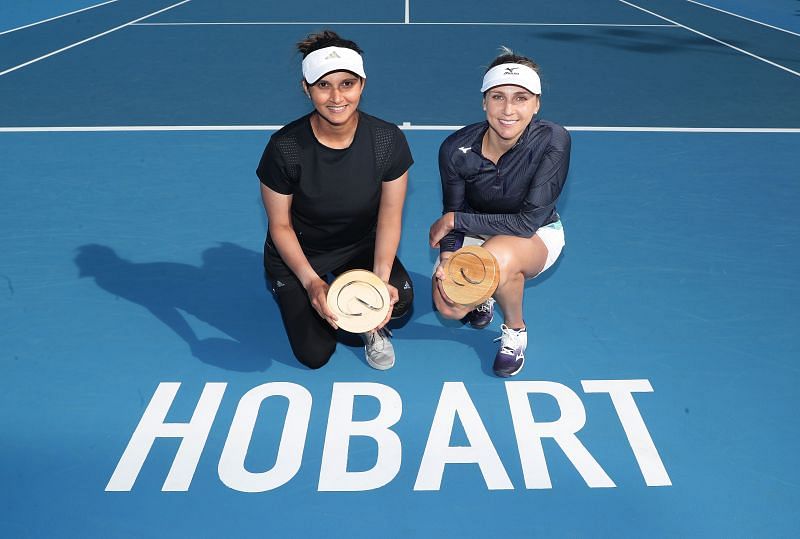 Nadiia Kichenok and Sania Mirza after winning the title at the 2020 Hobart International in Hobart, Australia