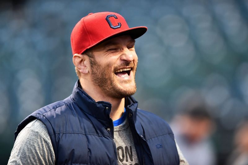 Stipe Miocic wearing a Cleveland Indians cap