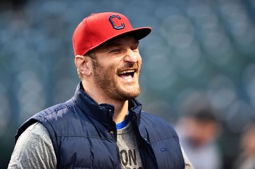 Stipe Miocic wearing a Cleveland Indians cap