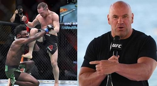 Aljamain Sterling (left) and Petr Yan (centre) at UFC 259; UFC president Dana White (right)