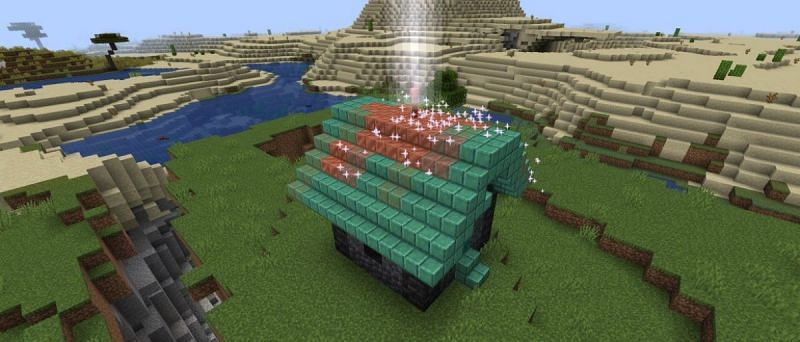 A copper roof&#039;s oxidation being removed from a lightning strike (Image via Mojang)