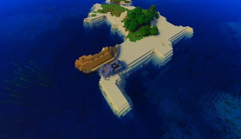 A battered and exposed shipwreck near an ocean ruin on the same Minecraft island (Image via Minecraft &amp; Chill/YouTube)