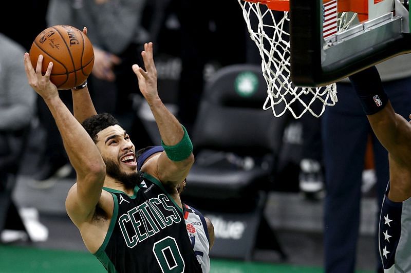 Jayson Tatum #0 of the Boston Celtics shoots the game-winning basket during the Celtics 111-110 win over the Washington Wizards