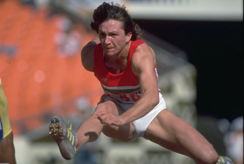 Yordanka Donkova in action during the 100m hurdles event at the 1988 Olympic Games in Seoul