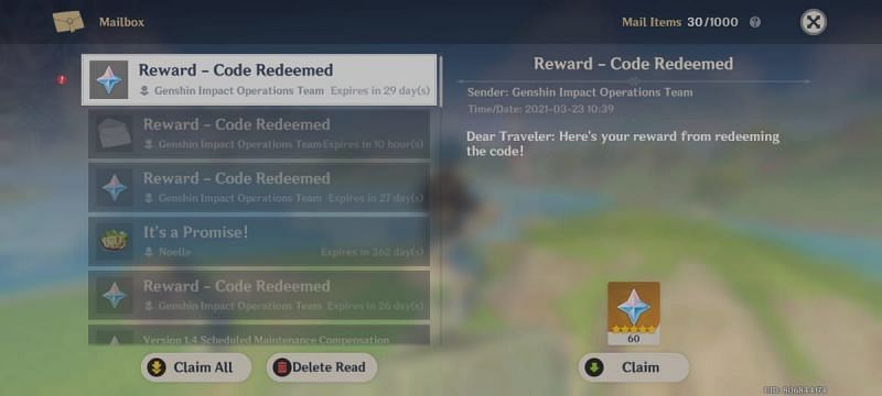 Promo code rewards are sent to the in-game mail (image via Sportskeeda)