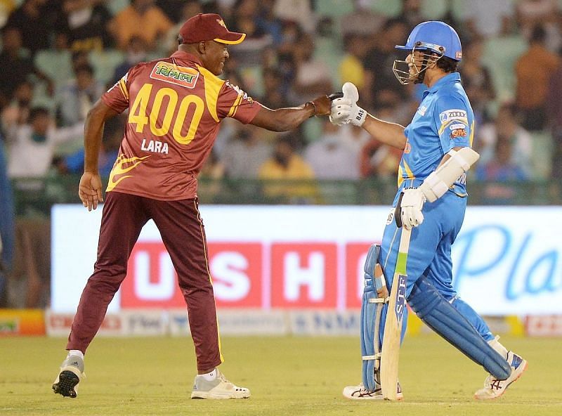 Sachin Tendulkar and Brian Lara during the Road Safety World Series 2020-21.