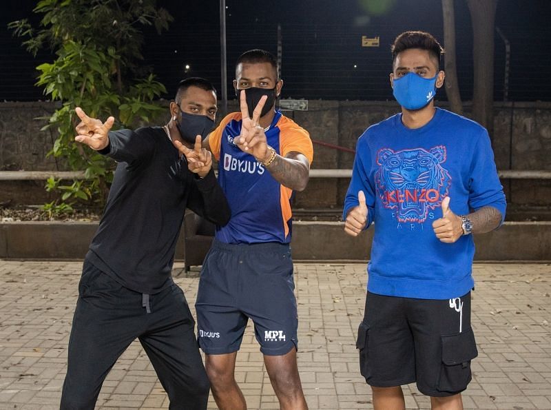 Krunal Pandya, Hardik Pandya and Suryakumar Yadav. Pic: Mumbai Indians/ Twitter