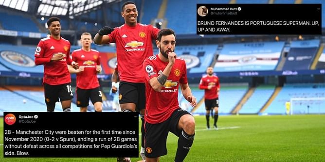Twitter explodes as Manchester United break Manchester City's historic win streak with 2-0 win at Etihad Stadium