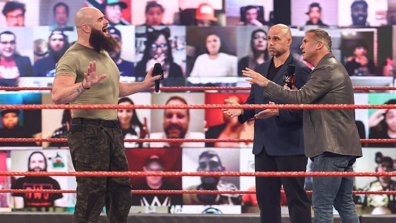 Shane McMahon and Adam Pearce confronted by Braun Strowman