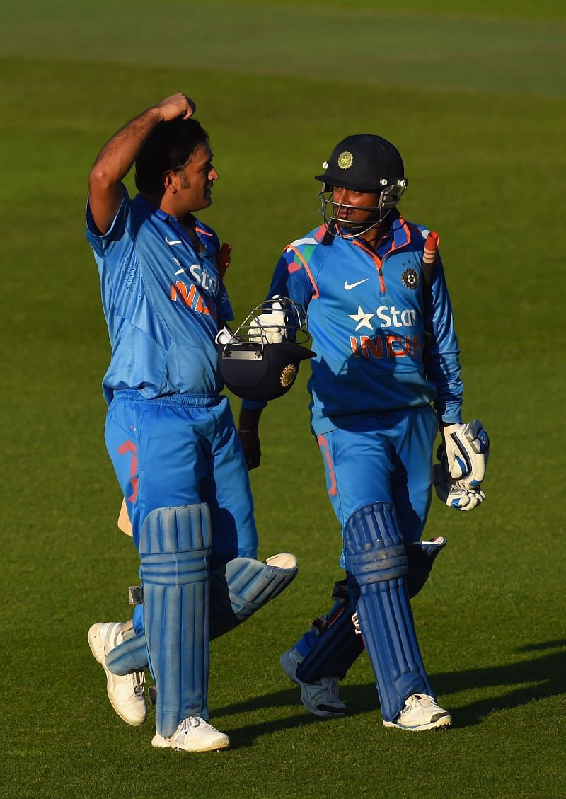 MS Dhoni (left) and Ambati Rayudu after the Birmingham T20I in 2014.