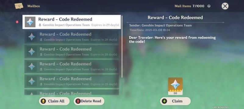 Redeemed code will send the 50 Primogems to the in-game mail.