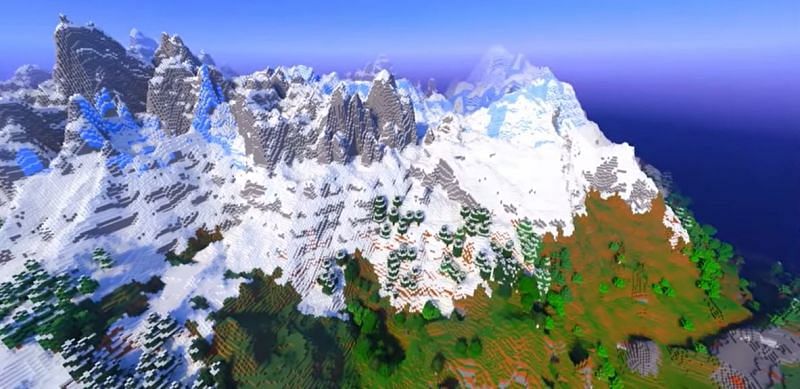 A stunning snowy mountain range in Minecraft (Image via Minecraft &amp; Chill/YouTube)