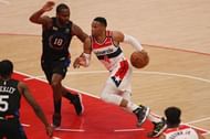 Russell Westbrook (#4) of the Washington Wizards dribbles against the New York Knicks.