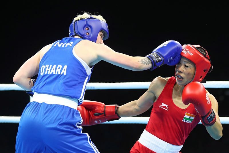 MC Mary Kom of India (Red) at the Gold Coast 2018 Commonwealth Games in April 2018