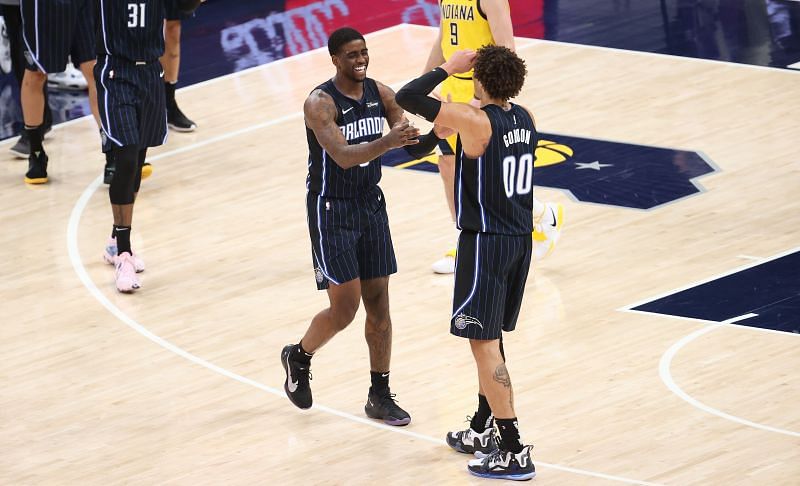 Dwayne Bacon #8 and Aaron Gordon #00 of the Orlando Magic