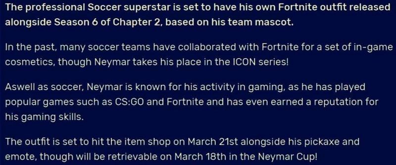 Reddit post about Neymar coming to Fortnite Season 6 (Image via Reddit)