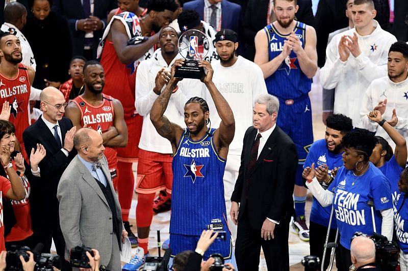 Kawhi Leonard #2 of Team LeBron celebrates with the trophy after being named the Kobe Bryant MVP during the 69th NBA All-Star Game at the United Center on February 16, 2020