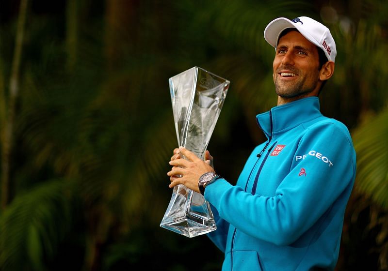 Novak Djokovic with the winner&#039;s trophy at the Miami Open in April 2016