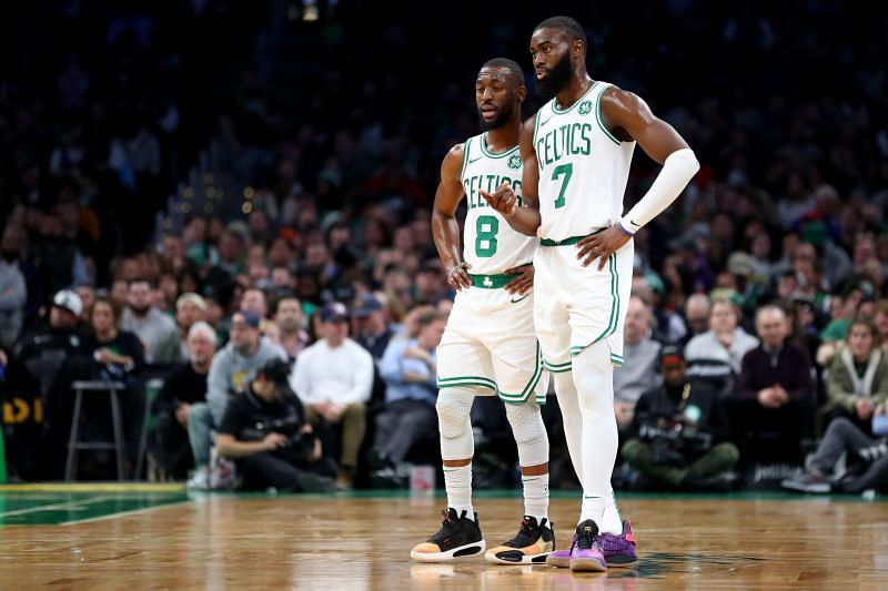 Kemba Walker and Jaylen Brown of the Boston Celtics