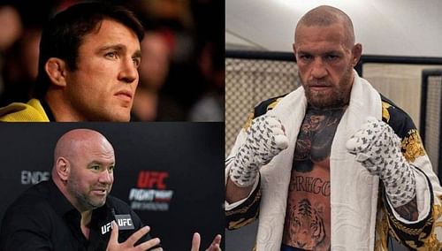 Chael Sonnen (top left); Dana White (bottom left); Conor McGregor (right)