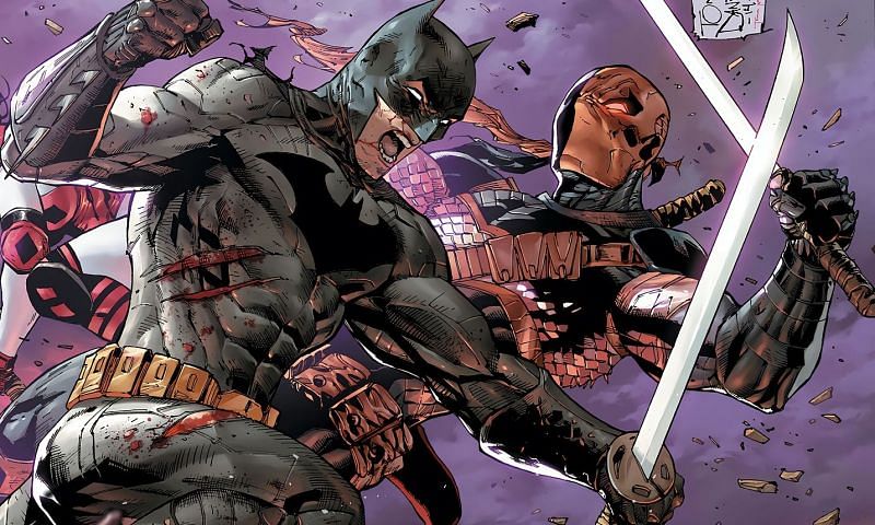 Batman and Deathstroke locked in combat (Image via DC Comics)