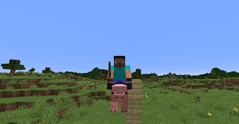 A pig not quite flying in Minecraft. (Image via Minecraft)