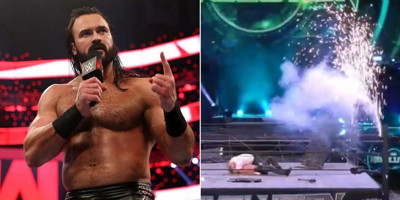 Drew McIntyre (left); the botched explosion at AEW Revolution 2021 (right)