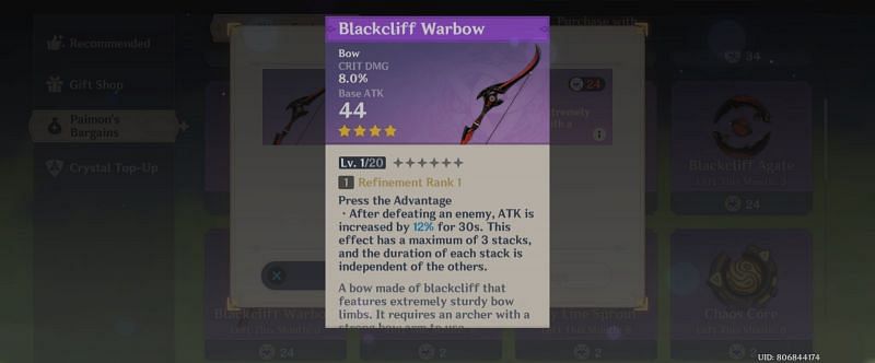 Stats of Blackcliff Warbow (image via Genshin Impact)