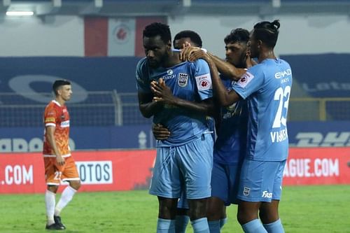 Mumbai City FC's Mourtada Fall apologizes after scoring against his former side FC Goa in the first leg of ISL semi-final (Image Courtesy: ISL Media)