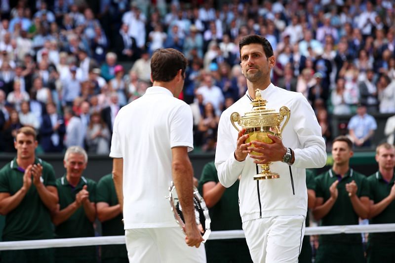 Novak Djokovic in his latest victory over Roger Federer in a Slam final, at Wimbledon 2019.